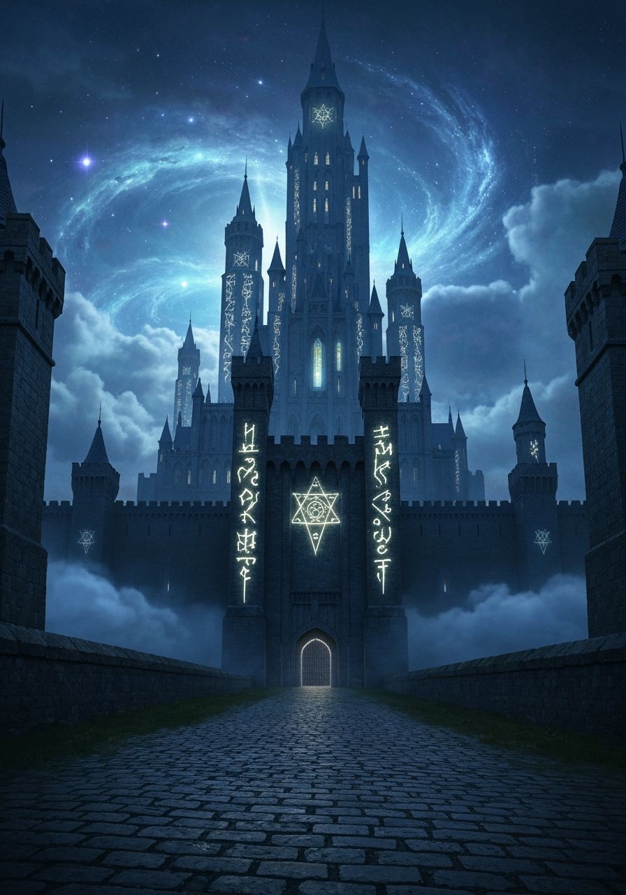 Ancient Castle with Arcane Symbols in Twilight Sky