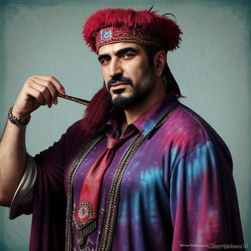 A Turkish man with an outrageously tie-dyed bedazzled fez.