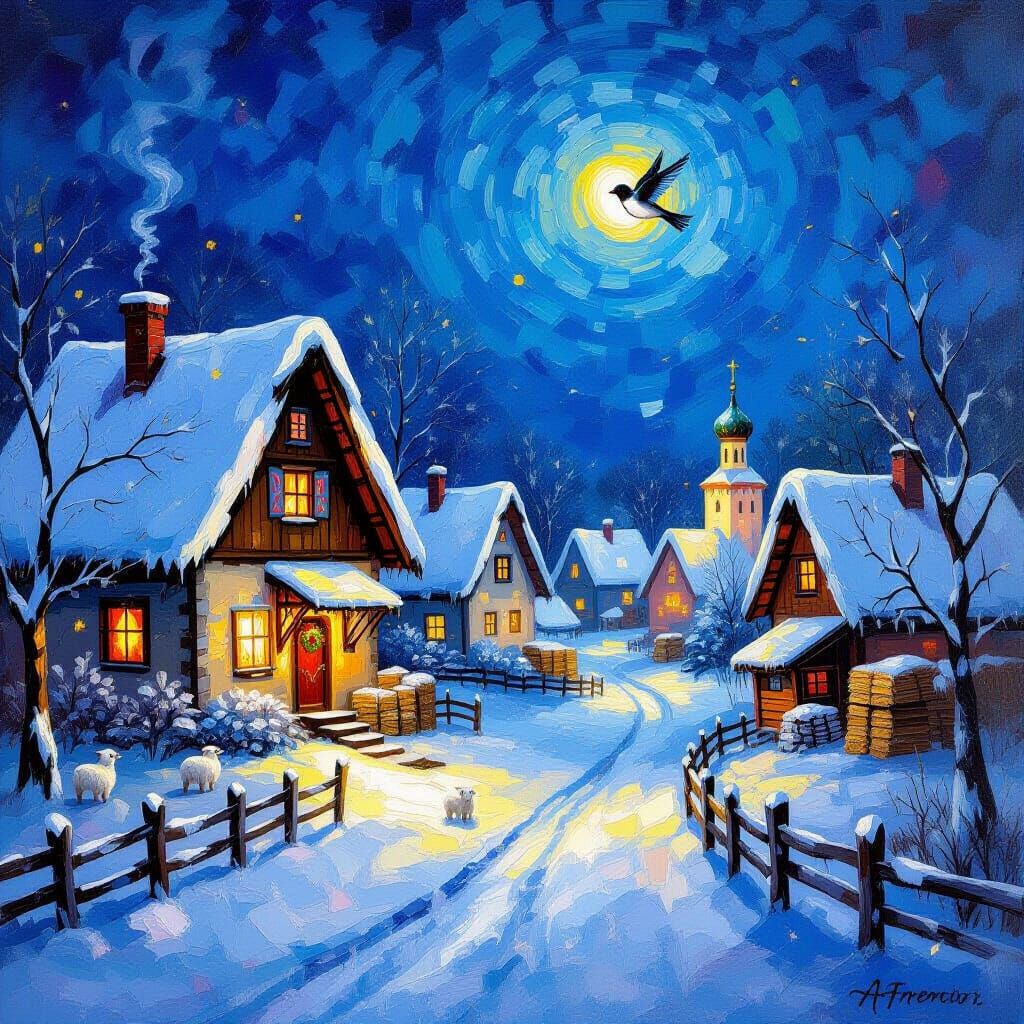 Magical Ukrainian Village Winter Night Oil Painting