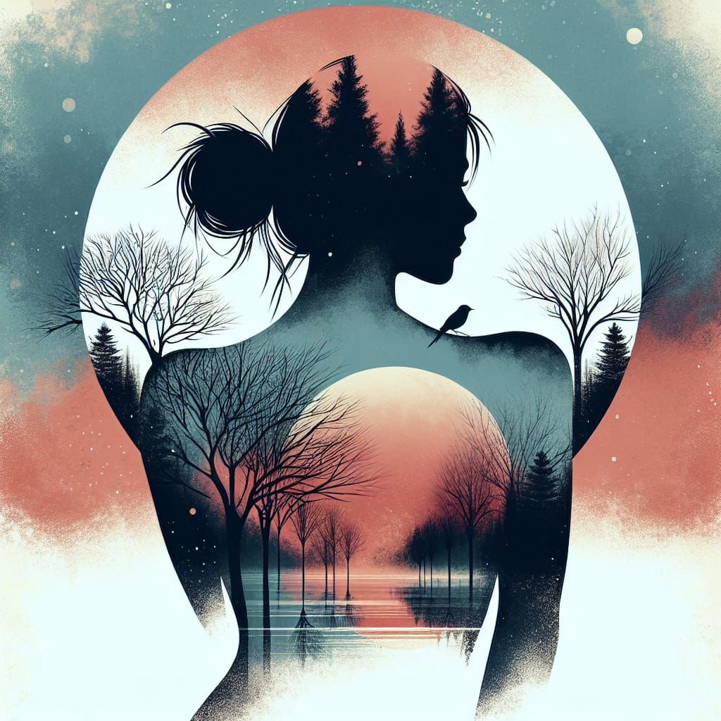 Ethereal Silhouette: Woman in Surreal Sunset Landscape