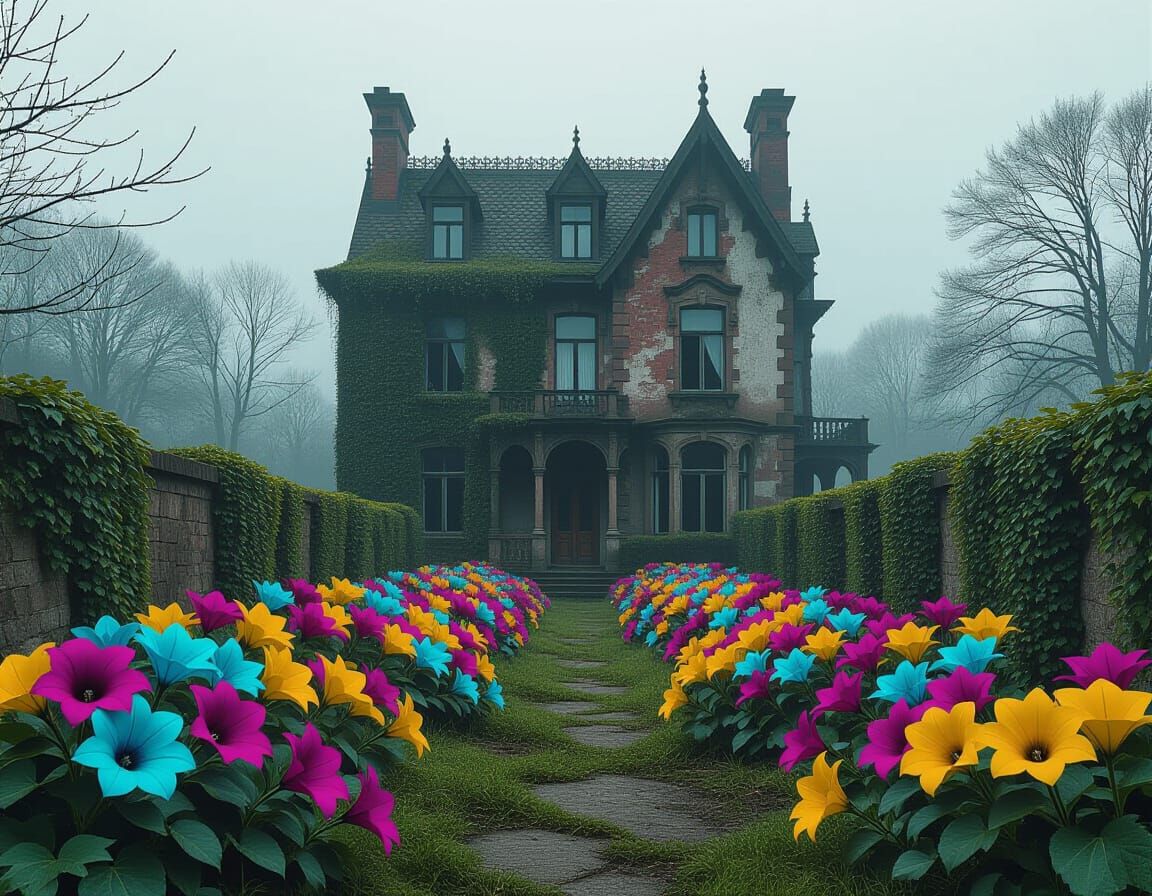 Overgrown Garden with Gothic Mansion, Dark Romanticism