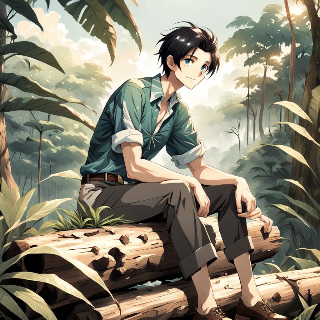 Anime Boy in Jungle Sunlight, Detailed Matte Painting
