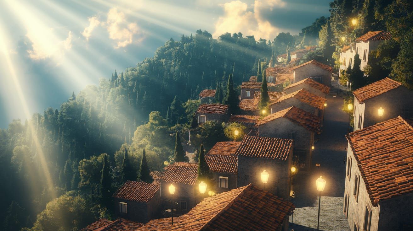 Magical Village on Mountainside in Digital Matte Painting