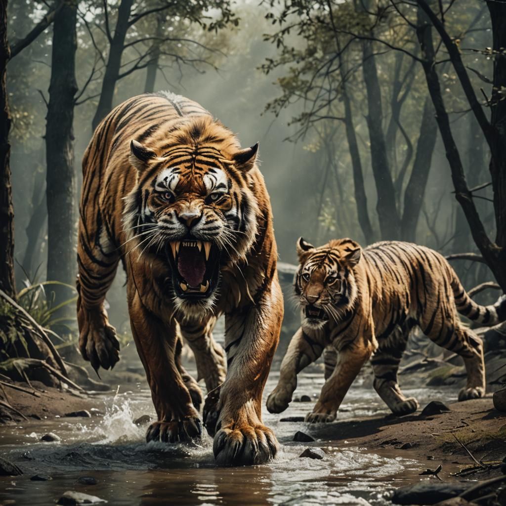 Sabretooth Tiger Family in Hyperrealistic Detail