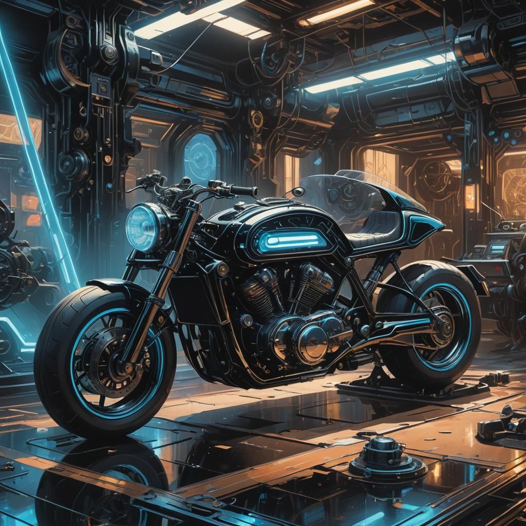 Futuristic Levitating Motorcycle in Ash Thorp Style