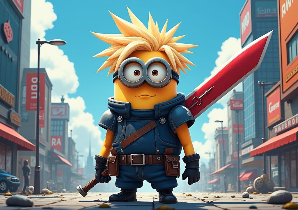 Minion as Cloud Strife in Anime Cityscape