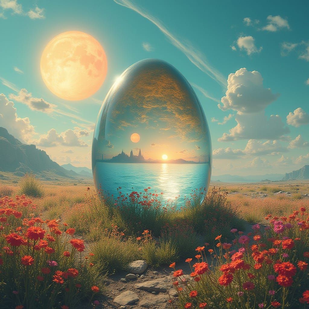Surrealist Glass Egg in Vibrant Alien Landscape with Twin Su...