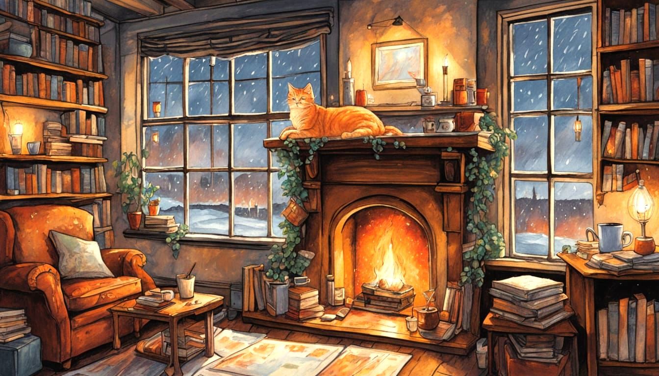 Cozy Fantasy Cafe with Cat, Books, and Coffee
