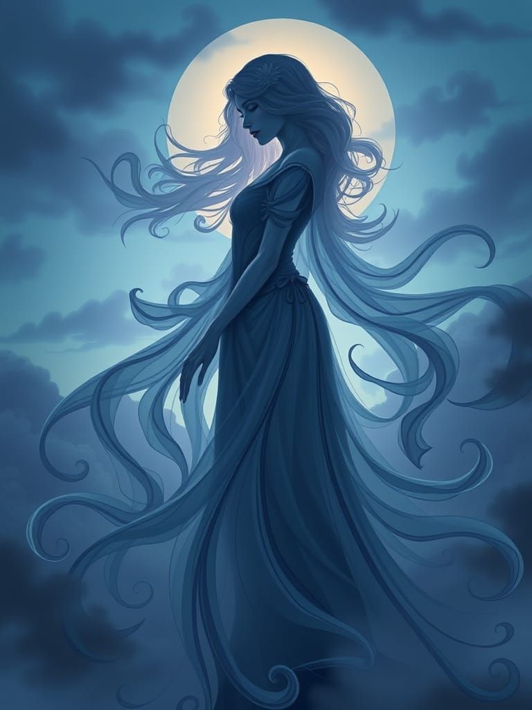 Victorian Woman in Twilight Mist, Art Nouveau Style