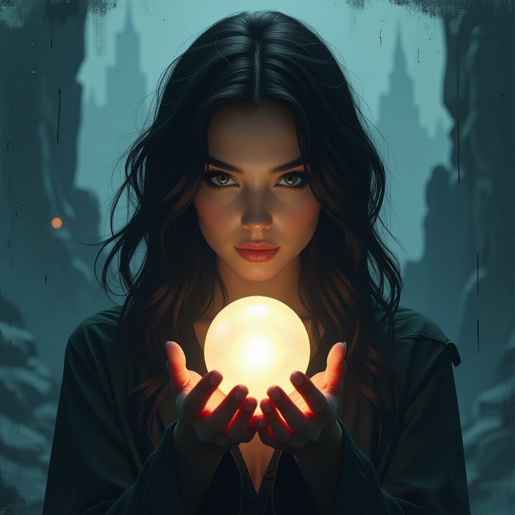 Woman with Glowing Pearl in Dystopian Grunge Style