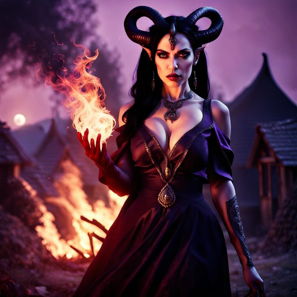 Tiefling Sorceress Conjures Fire in Burning Village