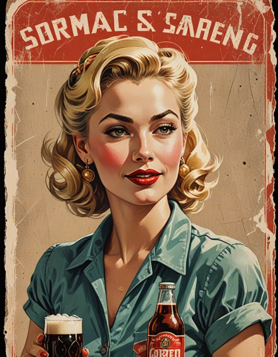 Pin-Up Soviet Beer Seller in 1950s Grunge Style
