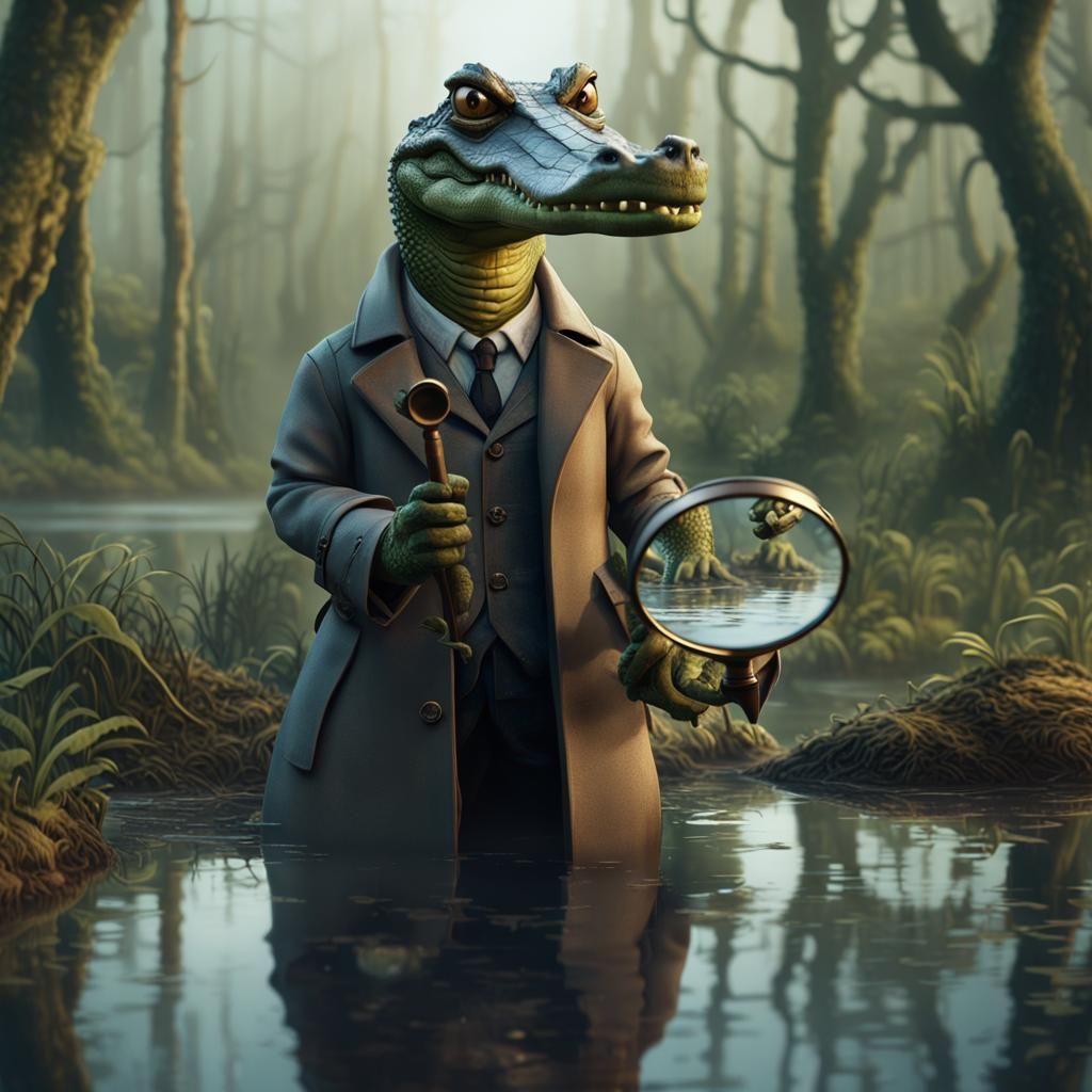 Detective Alligator in Swamp: Detailed Matte Painting