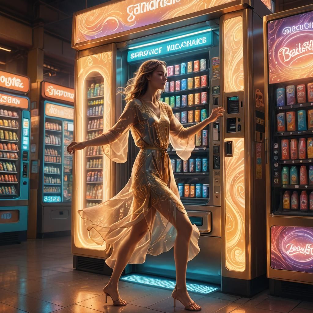 Ethereal Woman Dancing Before Glowing Vending Machine