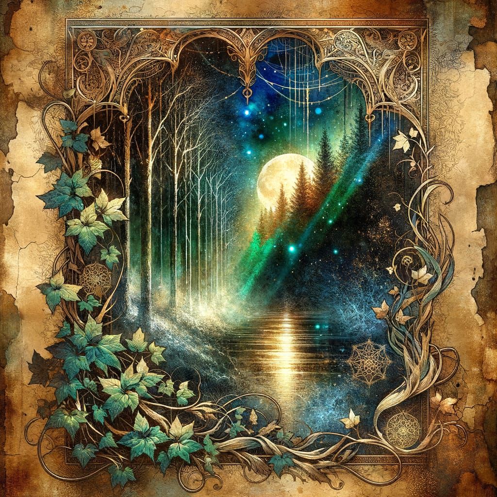 Moonlit Winter Forest on Ancient Parchment: Ink and Watercol...
