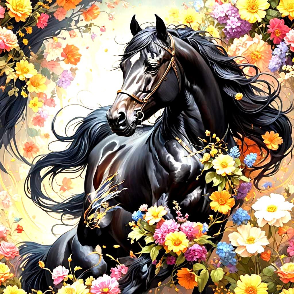 Majestic Black Horse Running Among Flowers