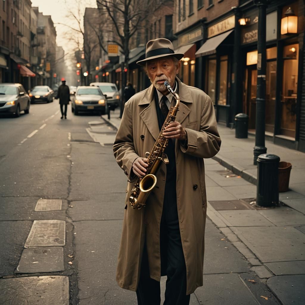 Elderly Jazz Musician in Noir Film Still