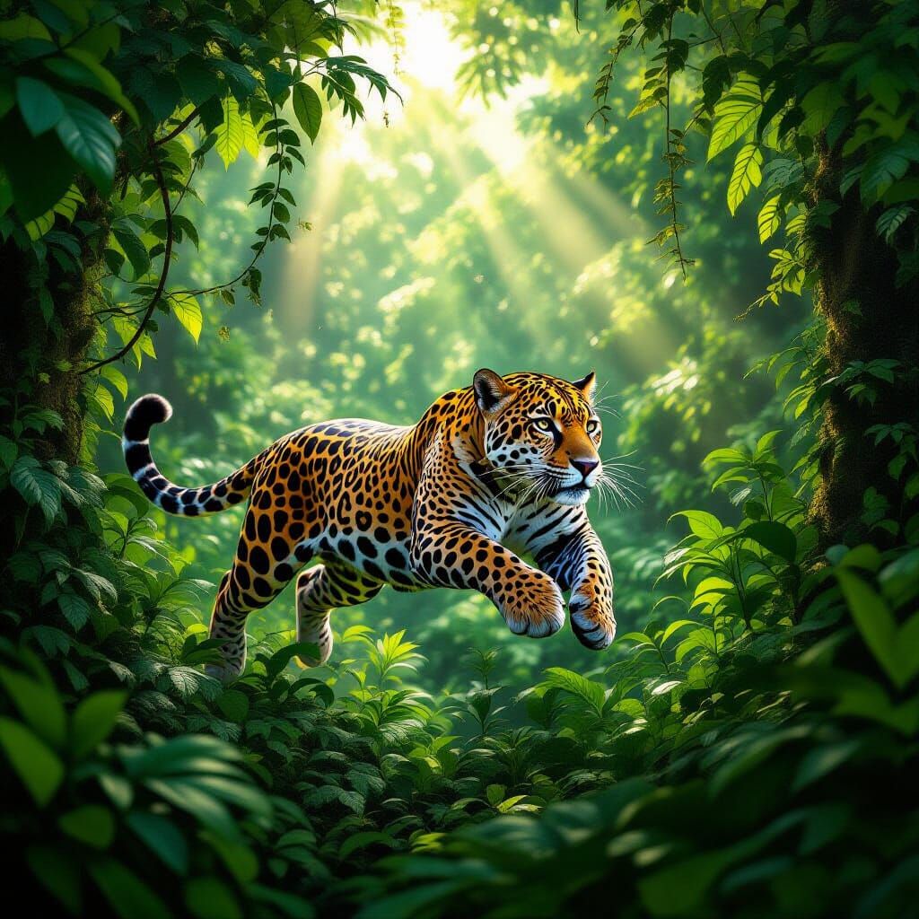 Jaguar Leaps Through Jungle, Photorealistic Mayan Ruins