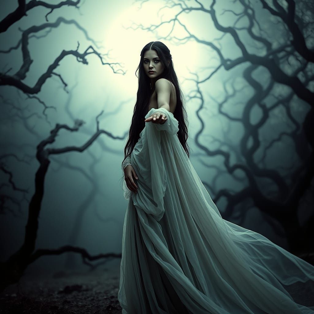 Enchantress in Misty Moonlit Forest