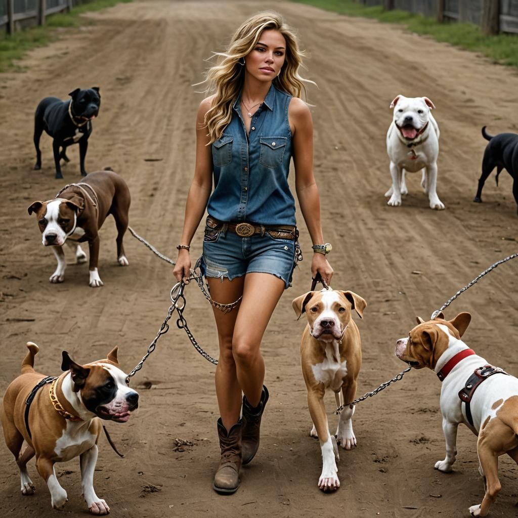 Girl with Pit Bulls in Detailed Matte Painting