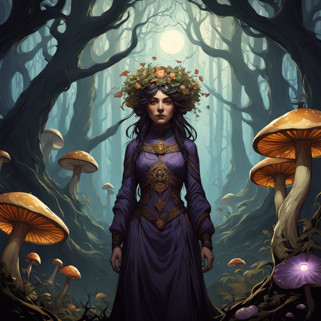 Mysterious Woman in a Dark Fantasy Forest