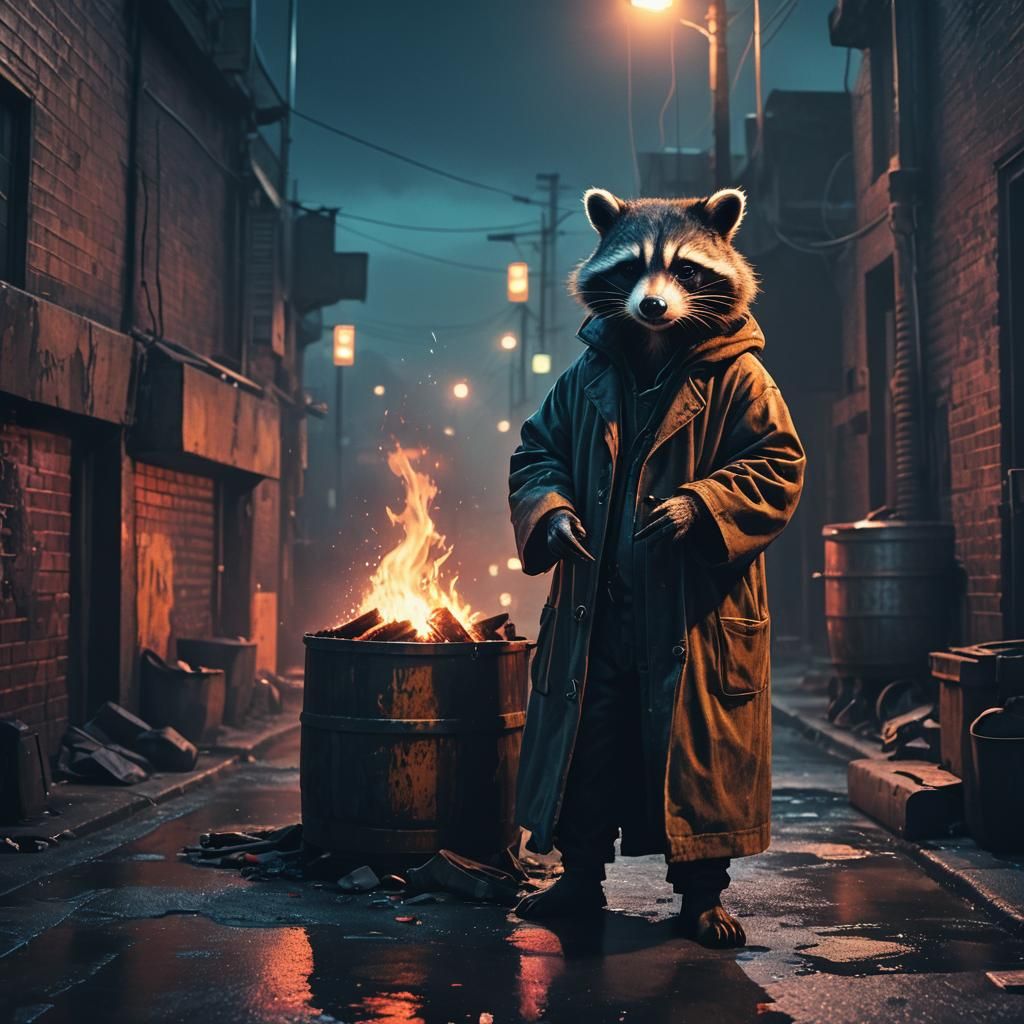 Trash panda in a trench coat