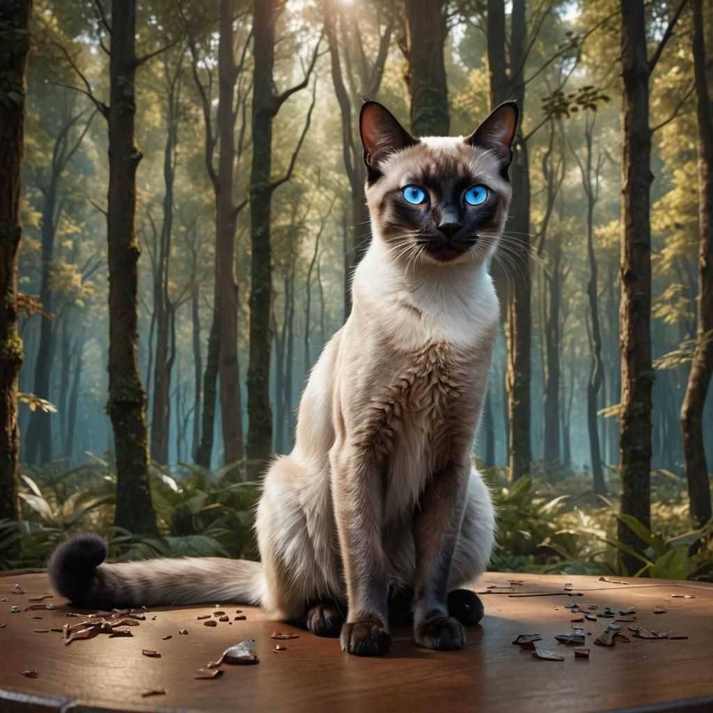 Blue-Eyed Siamese Cat in Forest: Fantasy Art