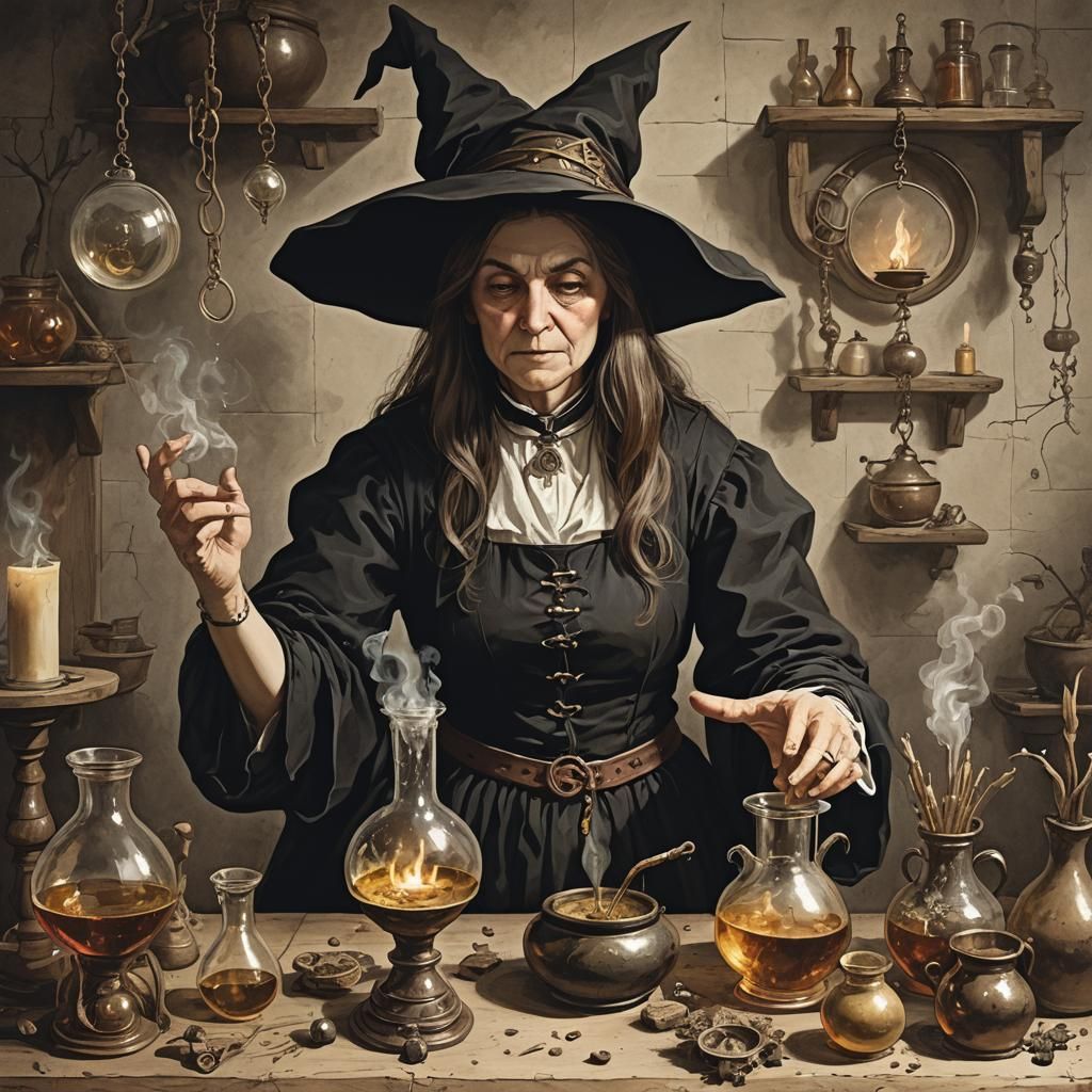 A Witch Practices Alchemy in Her Workshop