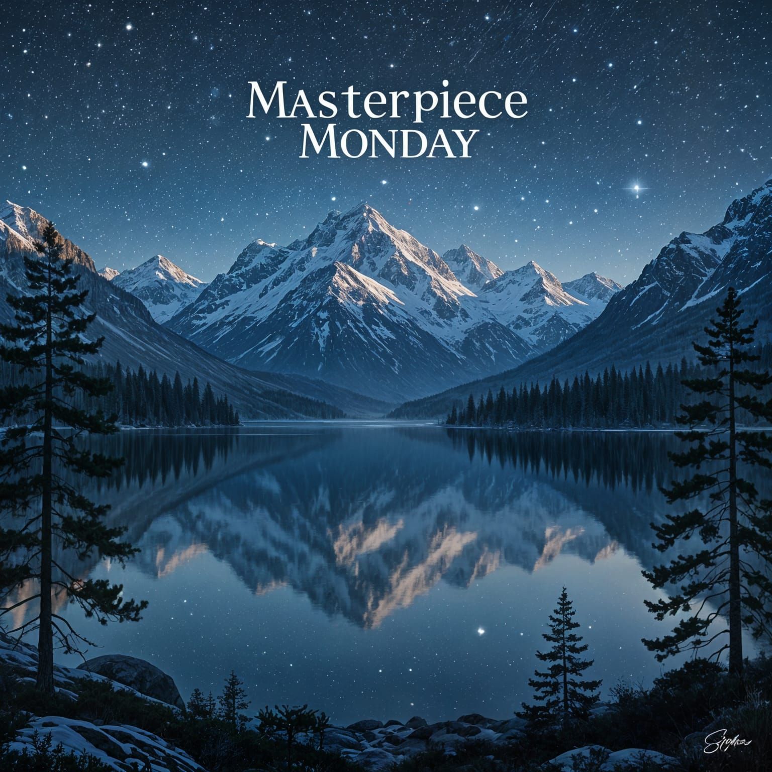 Mountain Lake Reflecting Starry Night Sky