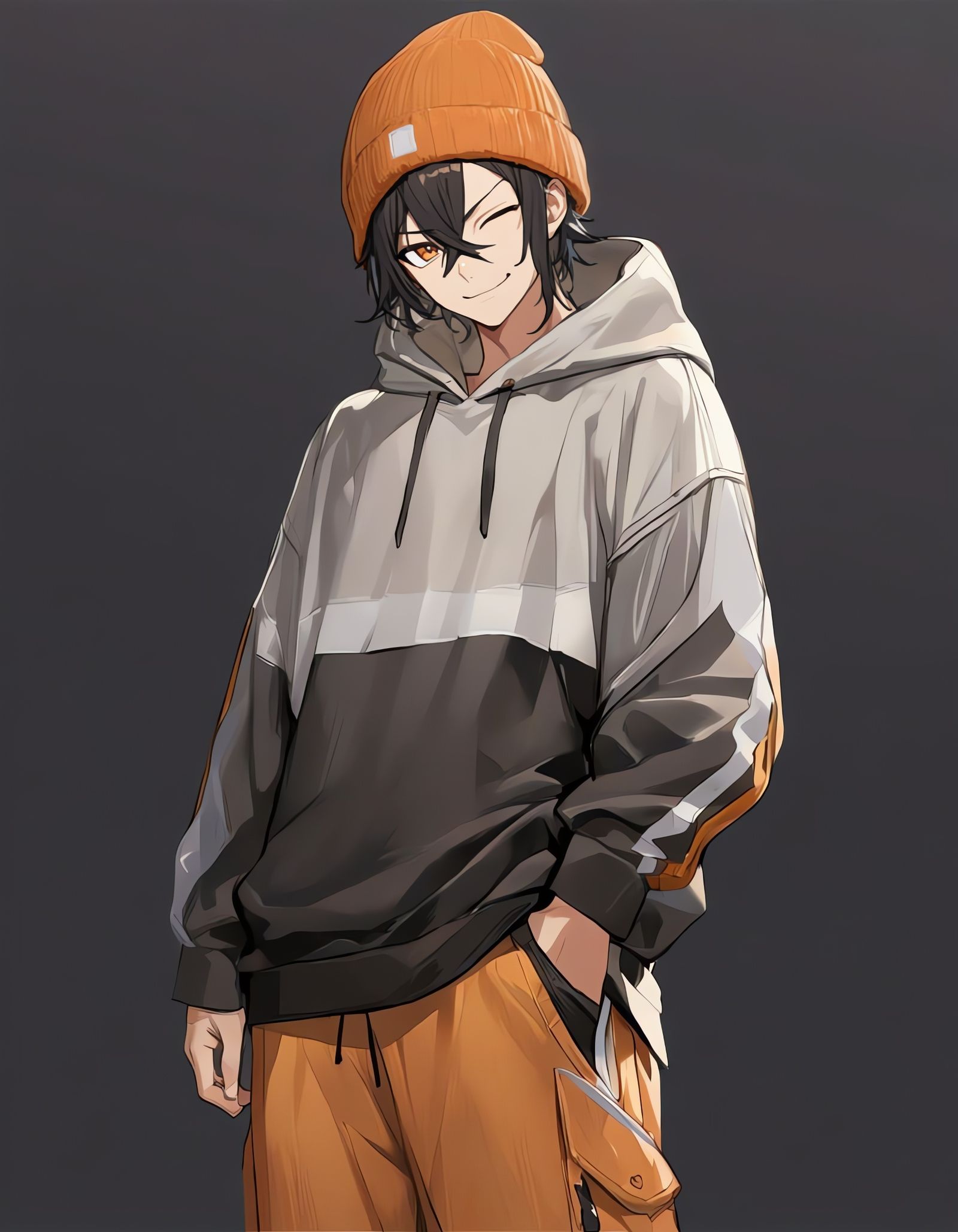Smug Young Man in Orange Cargo Pants
