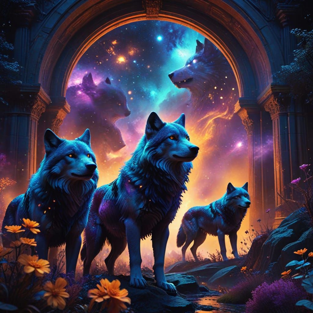 Wolves in Cosmic Splendor: Vibrant Fantasy Concept Art