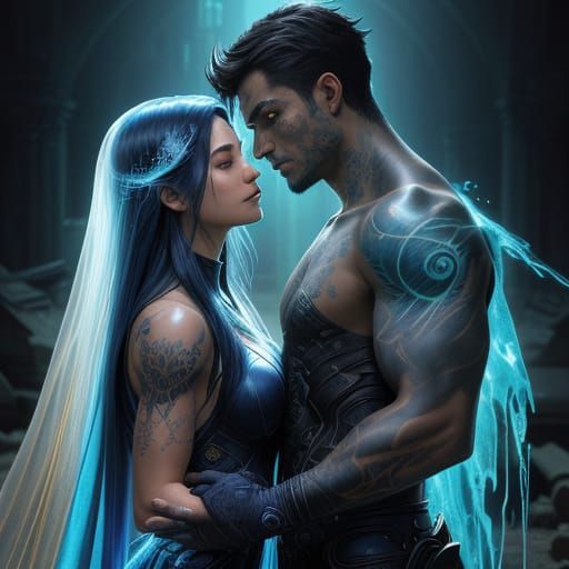 Teen Couple with Celestial Tattoos in Ancient Ruins