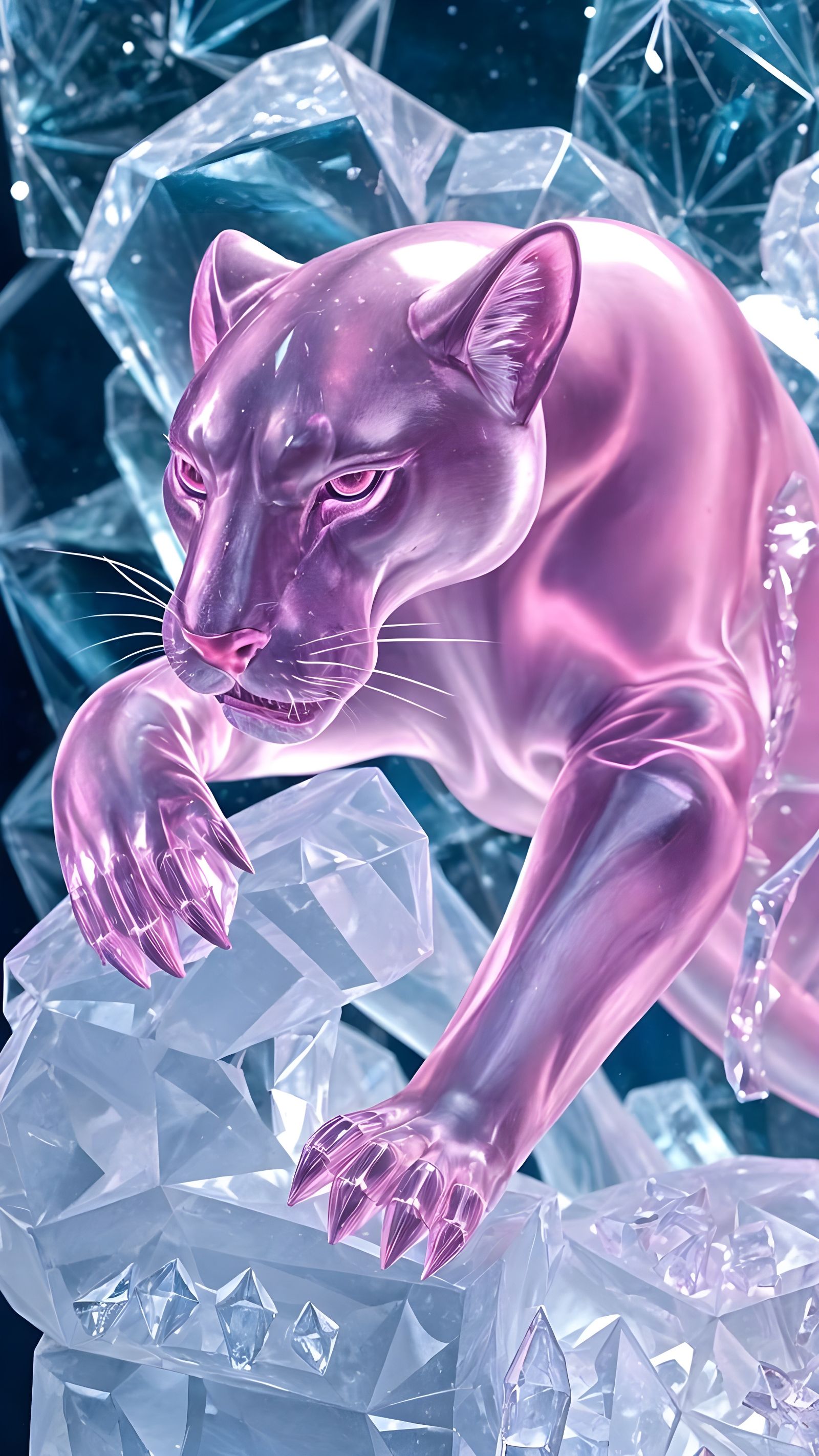 Hyper-Realistic Pink Panther Ice Sculpture in Intricate Crys...
