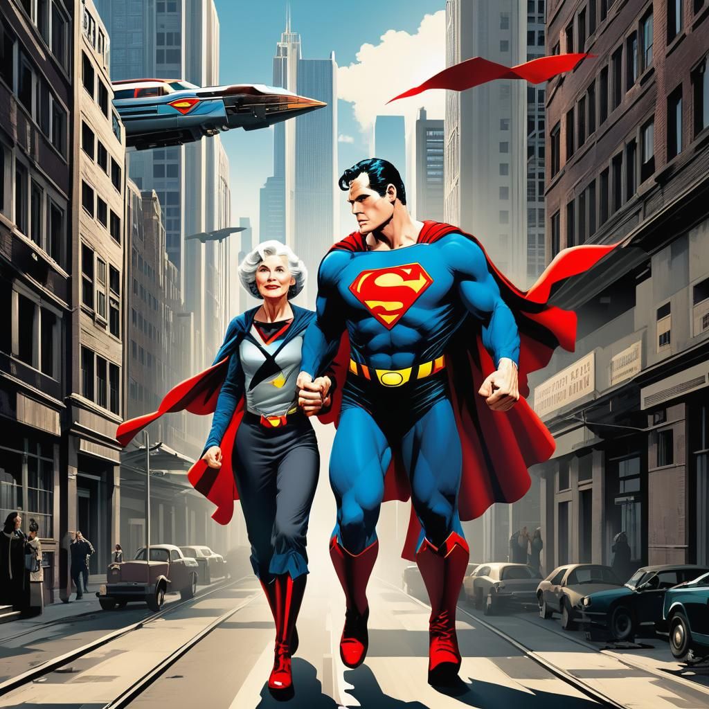 Elderly Superman and Jane Flying in Graphic Style