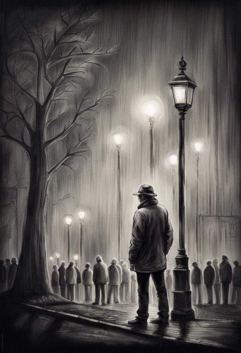 Lonely Man in Crowded Street: 80s Charcoal Art