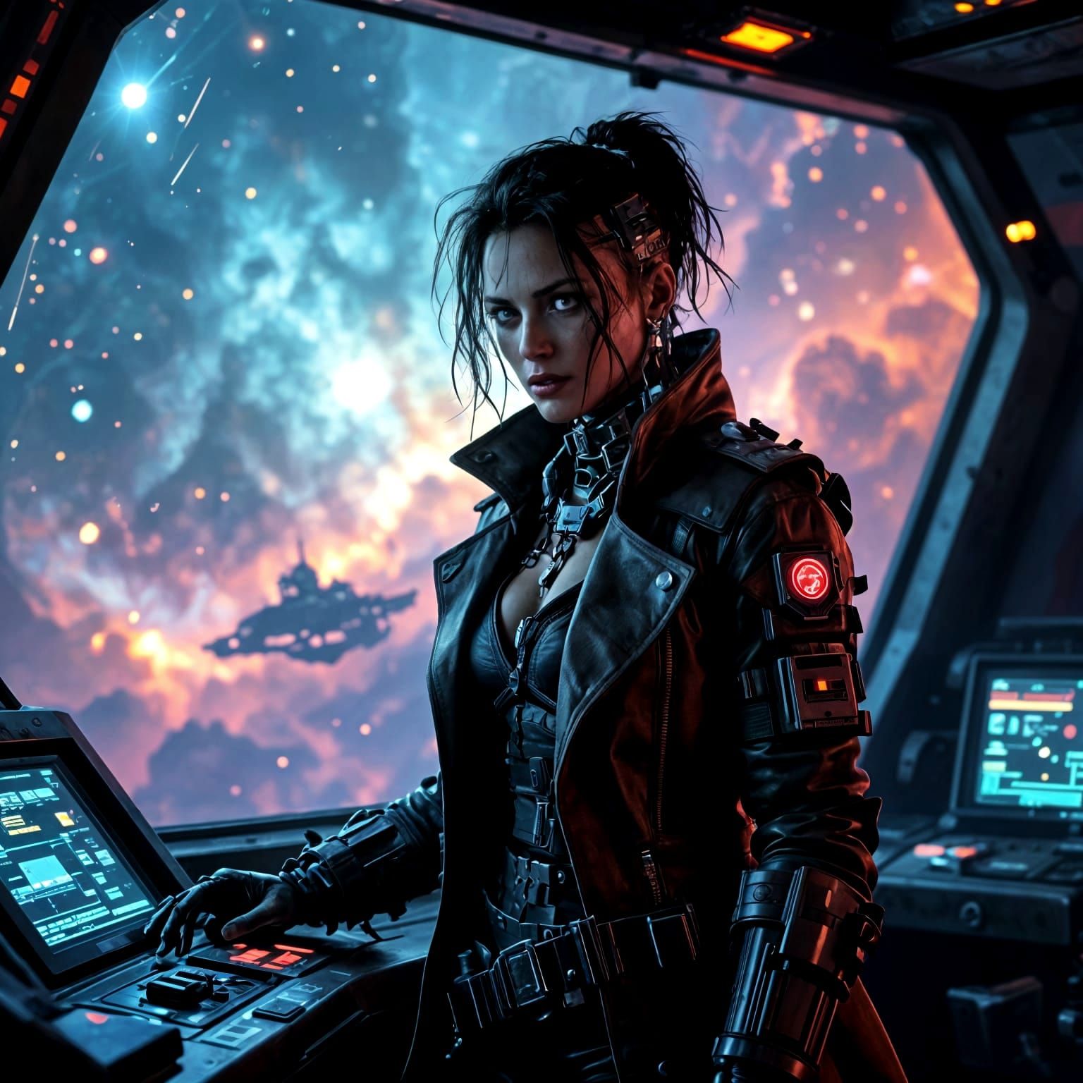 Grizzled Space Pirate Captain on Starship Bridge