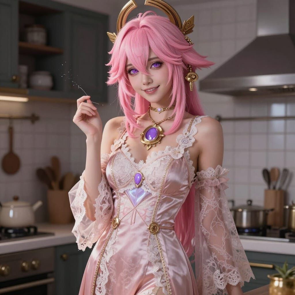 Pink Haired Woman in Lacy Robe in Kitchen