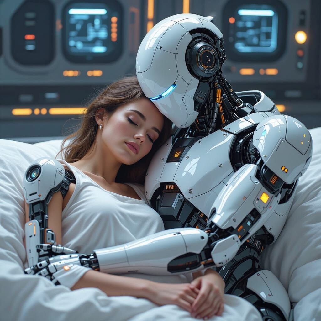 Robot Protects Sleeping Woman in Futuristic Interior
