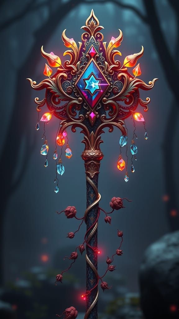 Enchanted Wet Season Staff: Mystical Artifact in Rich, Atmos...