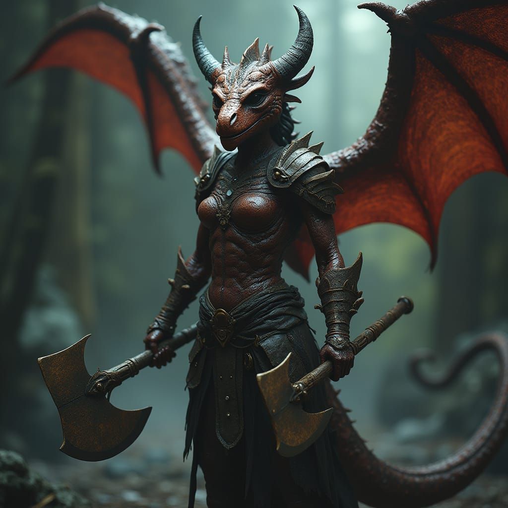 Dragon Barbarian with Axes in Dark Fantasy Style