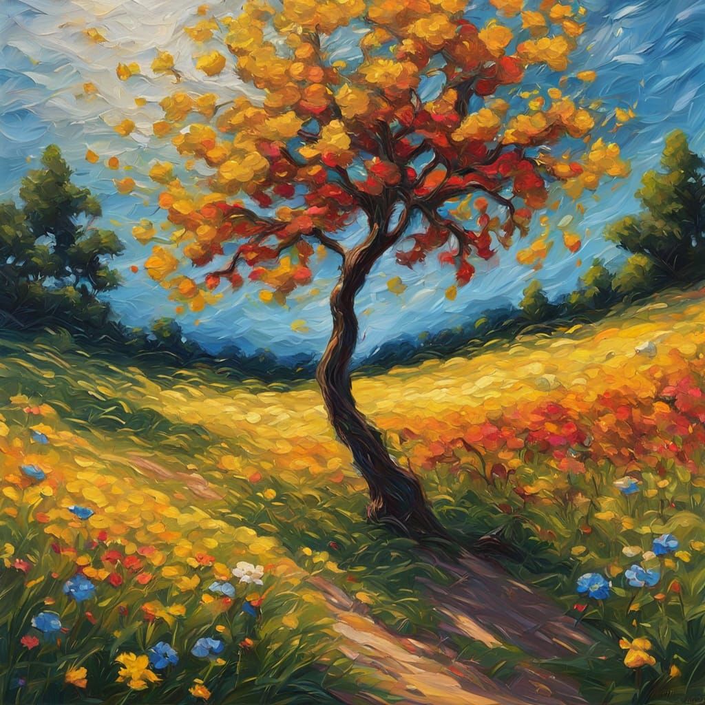 Expressionist Tree Silhouette in Wildflower Meadow