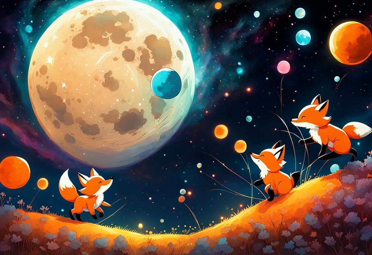 Fox Constellation: Chibi Foxes Playing Baseball on Moon