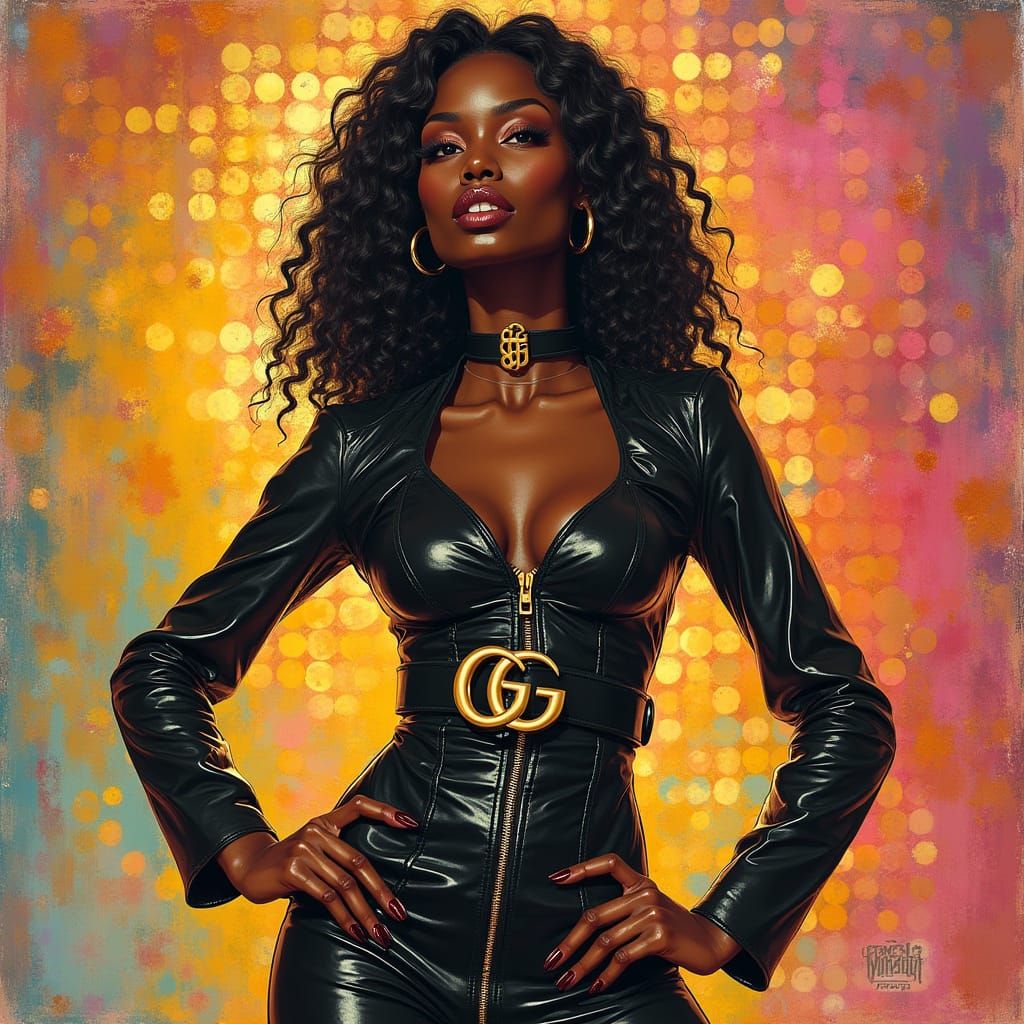 Ebony Woman in Gucci Leather, Vibrant Portrait