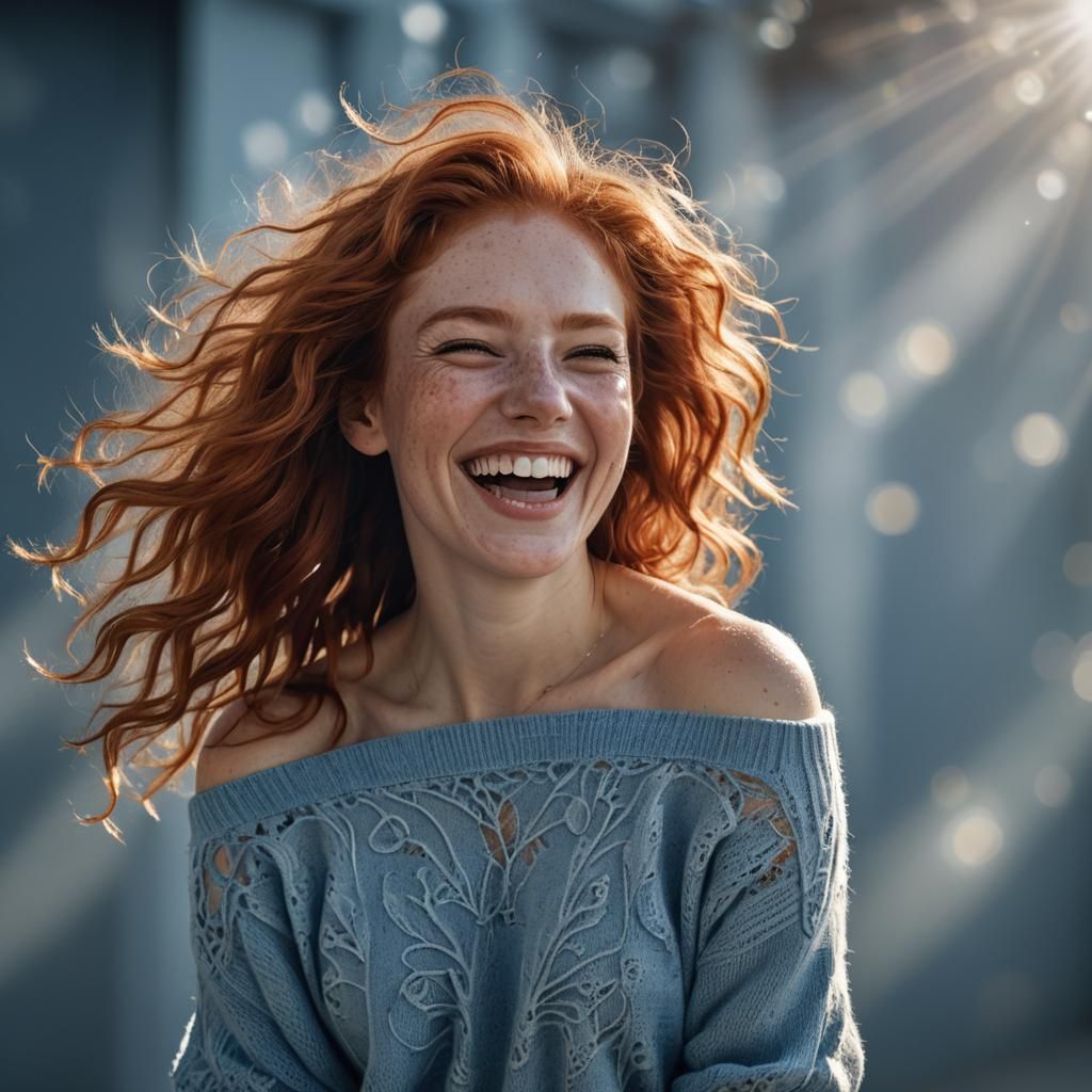 Redhead Woman Laughing in Sunlight, as 3D Digital Art