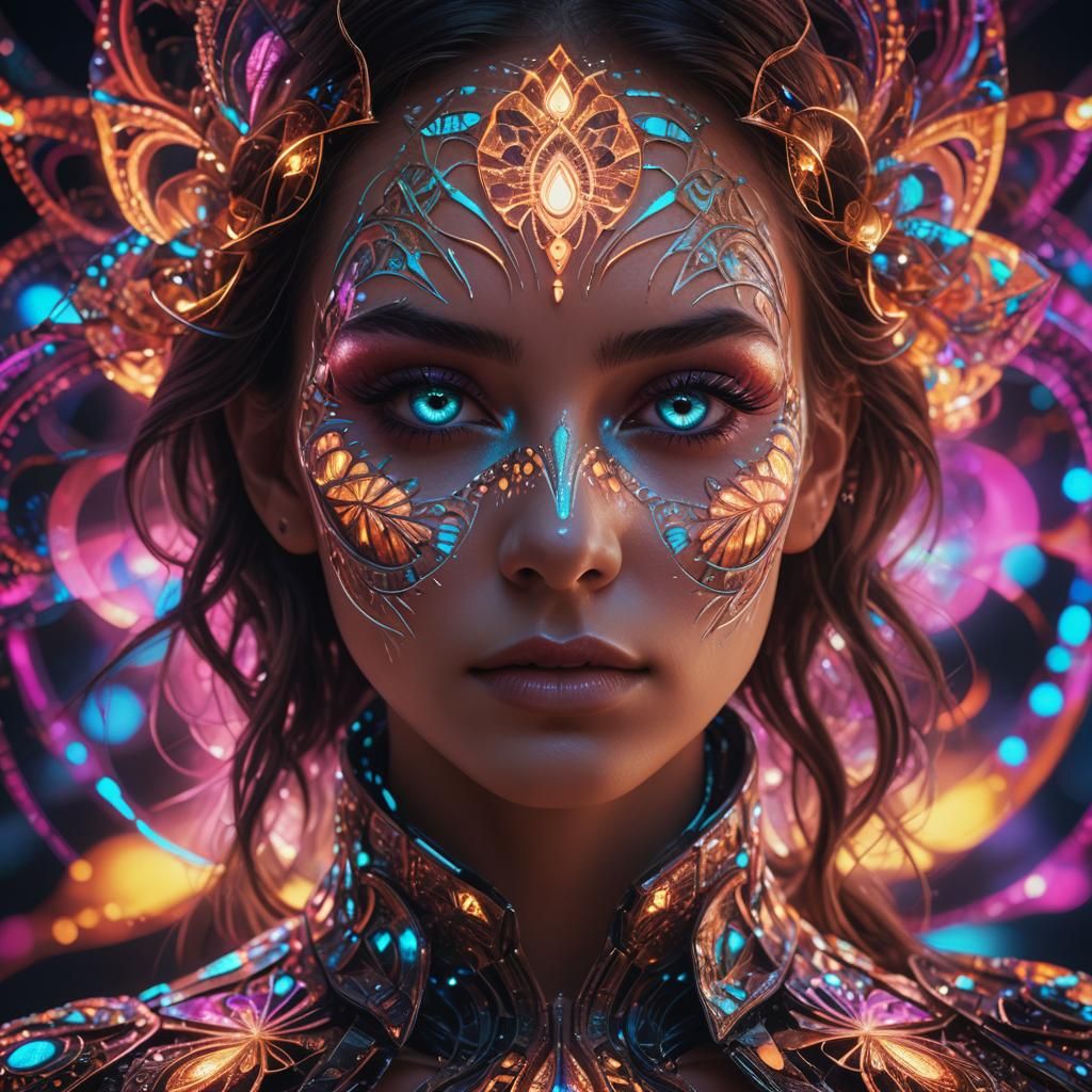 Futuristic Woman with Fractal Makeup and Glowing Eyes