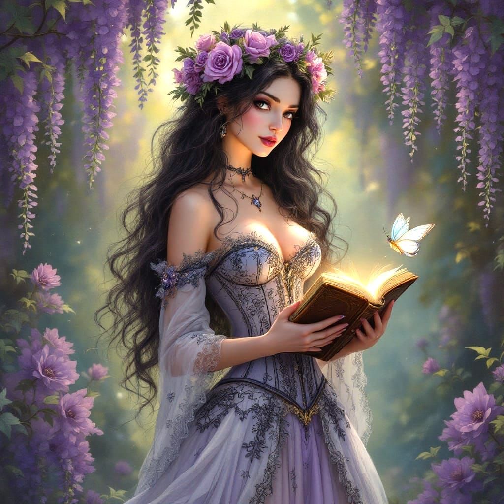 Gothic Princess in Enchanted Wisteria Garden
