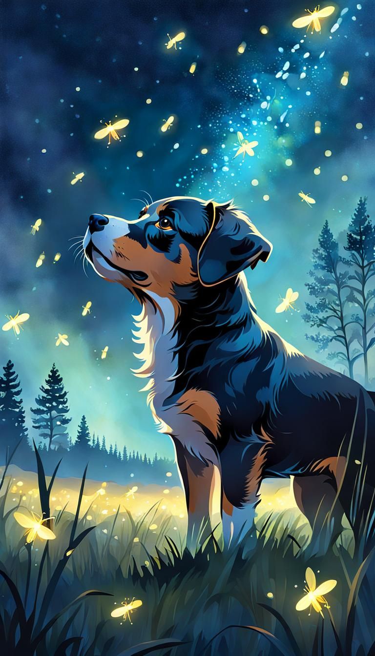 Puppy Watches Fireflies in Digital Watercolor