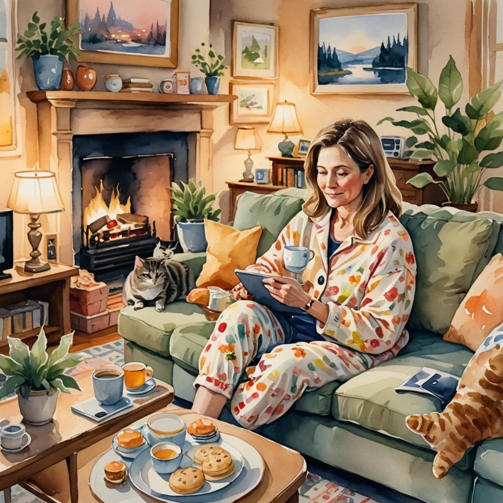 Cozy Watercolor: Woman Relaxing with Tea