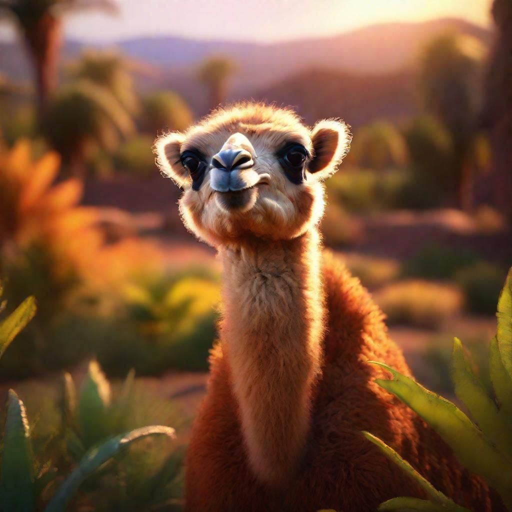 Cinematic Oasis Portrait of Adorable Baby Camel