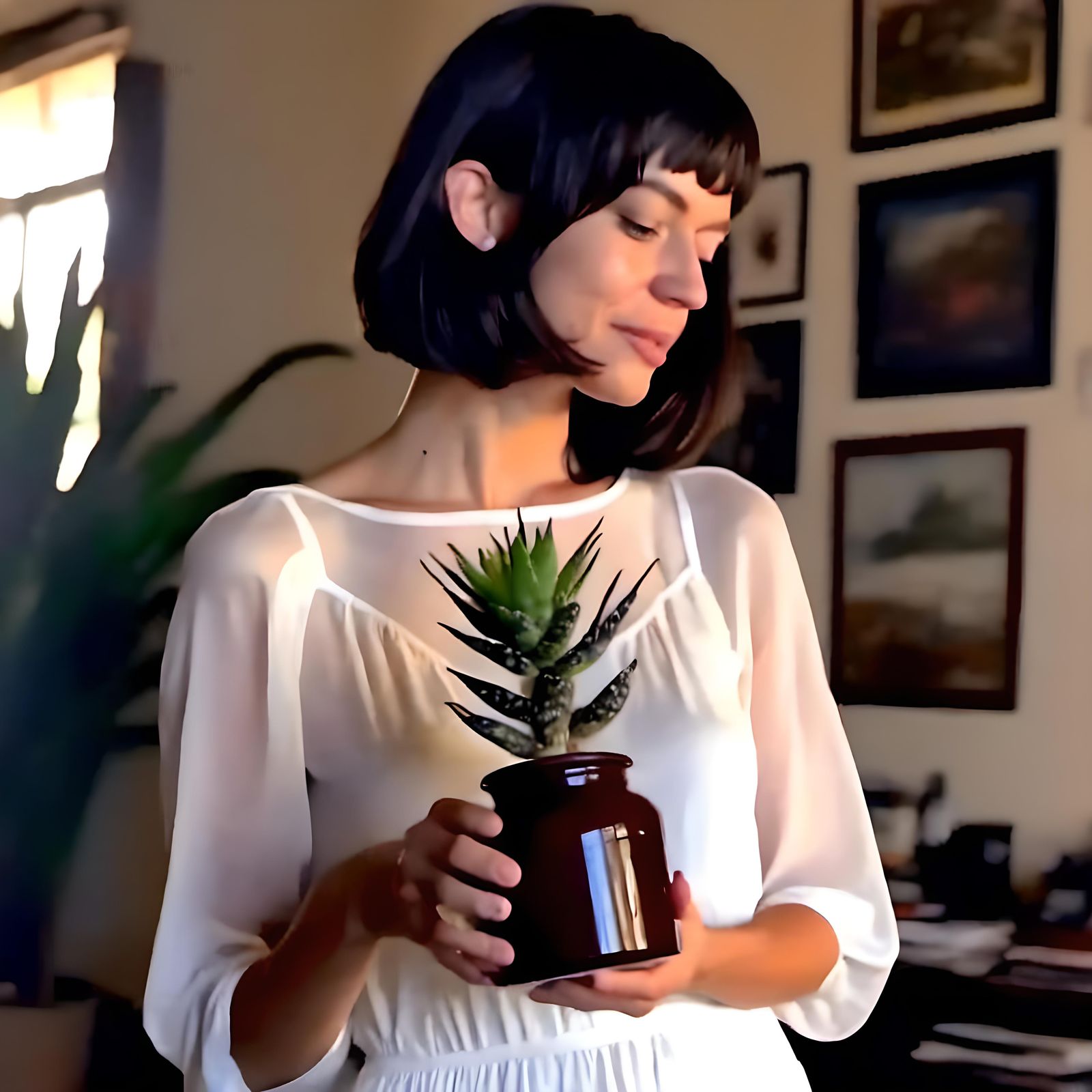 Woman in Floral Dress Holding Aloe Plant